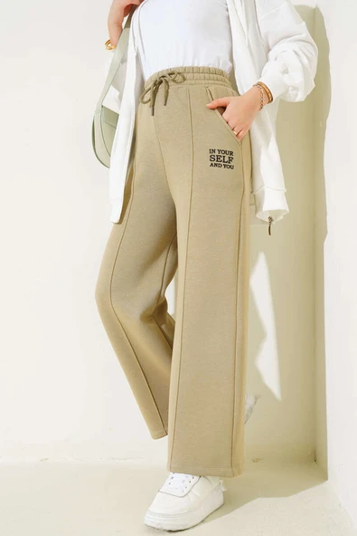 Çımalı Üç İplik Bol Paça Pantolon Haki - 2