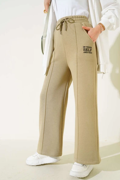 Çımalı Üç İplik Bol Paça Pantolon Haki