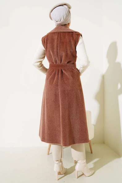 Goldfox Kuşaklı Uzun Yelek Kahve - Resim 3