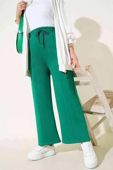 Çımalı Üç İplik Bol Paça Pantolon Yeşil - Resim 2