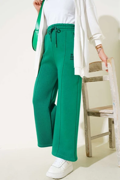 Çımalı Üç İplik Bol Paça Pantolon Yeşil ürün görseli 1