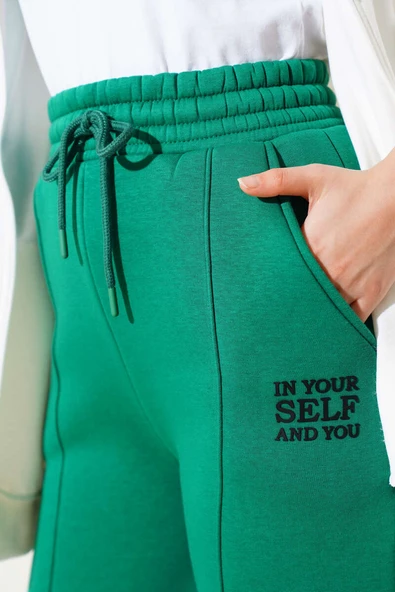 Çımalı Üç İplik Bol Paça Pantolon Yeşil - Resim 4