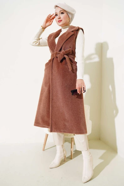 Goldfox Kuşaklı Uzun Yelek Kahve - Resim 2