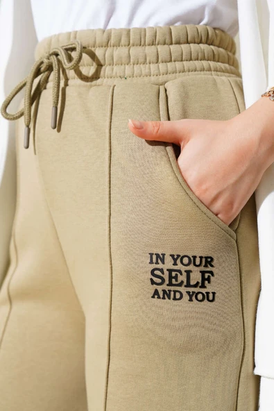 Çımalı Üç İplik Bol Paça Pantolon Haki - 4