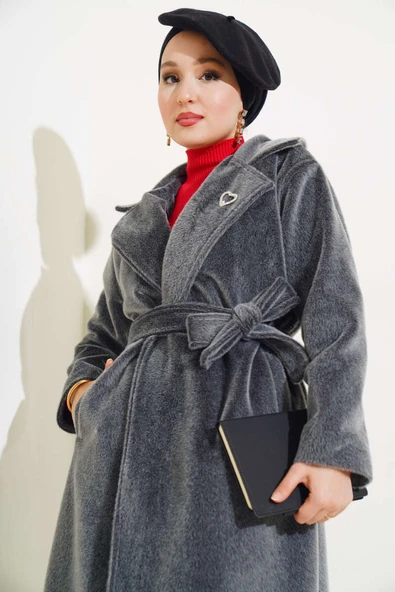 Goldfox Kuşaklı Kaşe Kaban Kayrak Grisi - Resim 2