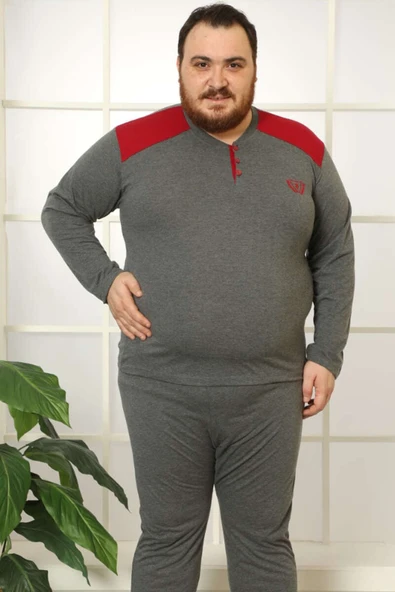 Düğmeli Uzun Kol Büyük Beden Erkek Pijama Takım Füme Bordo - Resim 2