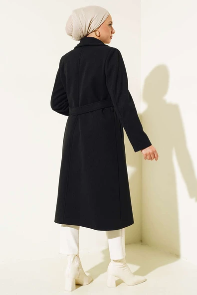 Gold Düğmeli Kuşaklı Kaşe Kaban Siyah - Resim 3