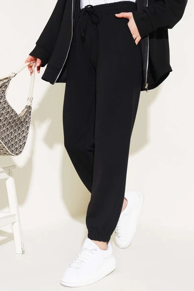 Bel İpli Paça Lastikli Jogger Pantolon Siyah - Resim 2