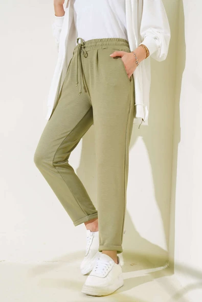 Beli Lastikli Duble Paça Pantolon Haki - Resim 2