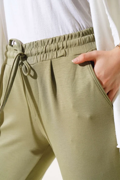 Beli Lastikli Duble Paça Pantolon Haki - Resim 4
