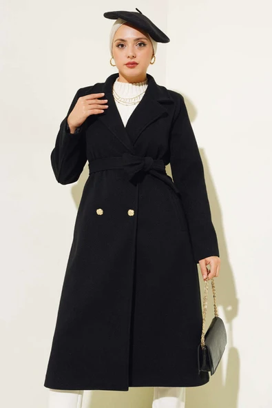 Gold Düğmeli Kuşaklı Kaşe Kaban Siyah ürün görseli 1