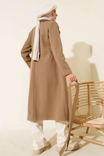 Gold Düğmeli Kuşaklı Kaşe Kaban Bej - Resim 3