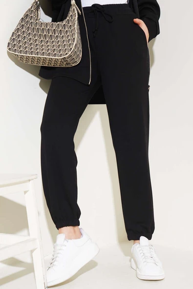 Bel İpli Paça Lastikli Jogger Pantolon Siyah ürün görseli 1