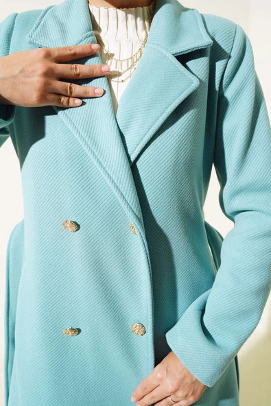 Gold Düğmeli Kuşaklı Kaşe Kaban Turkuaz - Resim 4