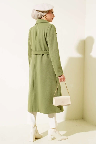 Gold Düğmeli Kuşaklı Kaşe Kaban Çağla Yeşili - Resim 3