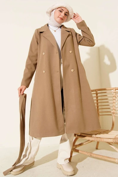 Gold Düğmeli Kuşaklı Kaşe Kaban Bej - Resim 2