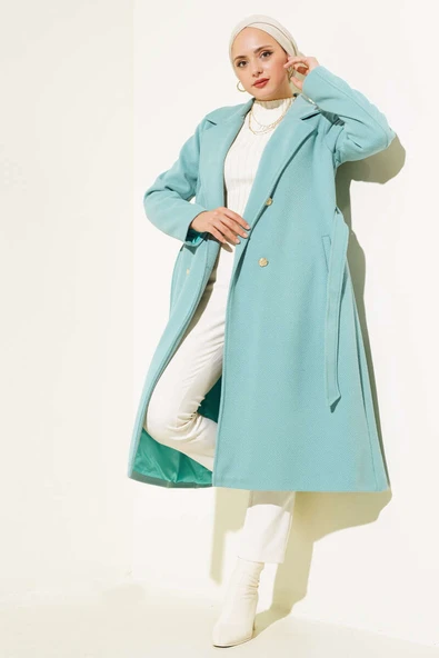 Gold Düğmeli Kuşaklı Kaşe Kaban Turkuaz ürün görseli 1