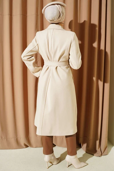 Gold Düğmeli Kuşaklı Kaşe Kaban Taş - Resim 3