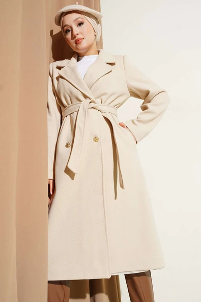 Gold Düğmeli Kuşaklı Kaşe Kaban Taş - Resim 2