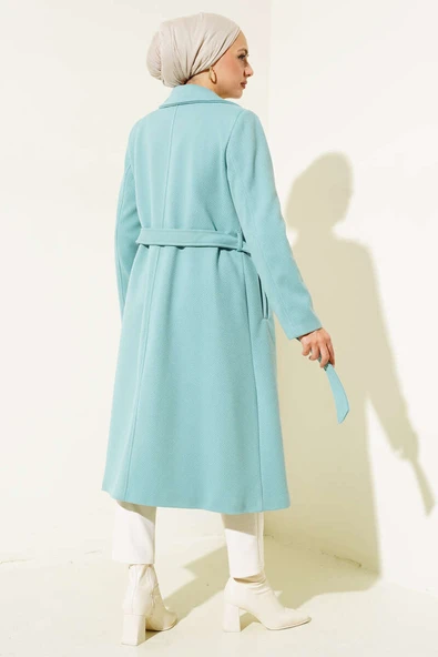 Gold Düğmeli Kuşaklı Kaşe Kaban Turkuaz - Resim 3