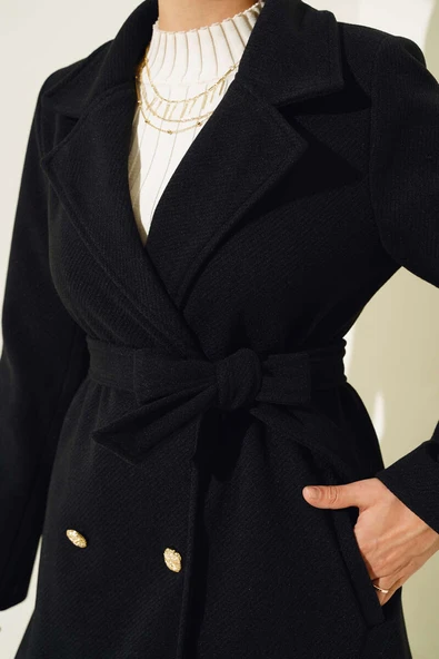 Gold Düğmeli Kuşaklı Kaşe Kaban Siyah - Resim 4