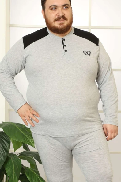 Düğmeli Uzun Kol Büyük Beden Erkek Pijama Takım Gri - Resim 2