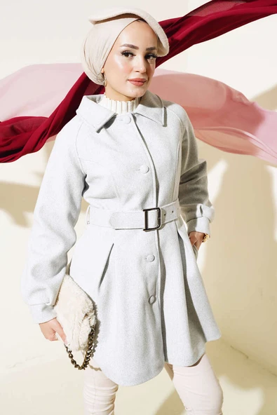 Kemerli Kısa Kaşe Kaban Gri ürün görseli 1