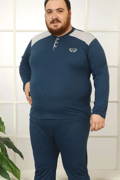 Düğmeli Uzun Kol Büyük Beden Erkek Pijama Takım İndigo - Resim 2