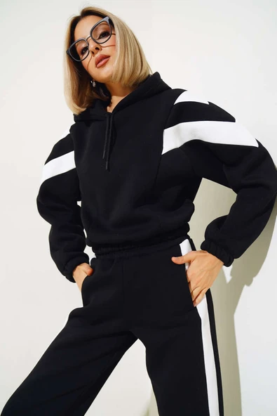 Garnili Üç İplik Sweatshirt Takım Siyah - Resim 2