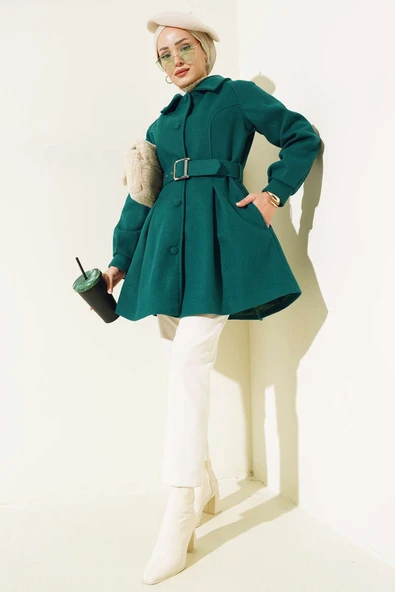 Kemerli Kısa Kaşe Kaban Zümrüt - Resim 2