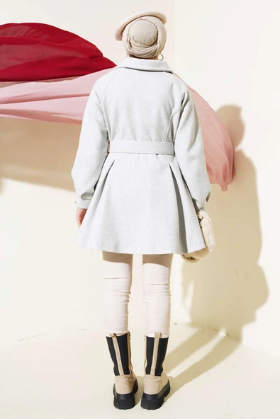 Kemerli Kısa Kaşe Kaban Gri - Resim 3