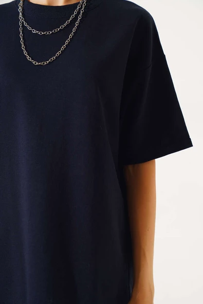 Oversize Basic T-shirt Lacivert - Resim 4