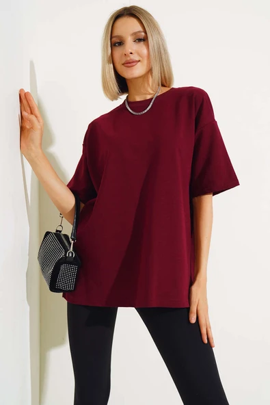 Oversize Basic T-shirt Bordo - 2