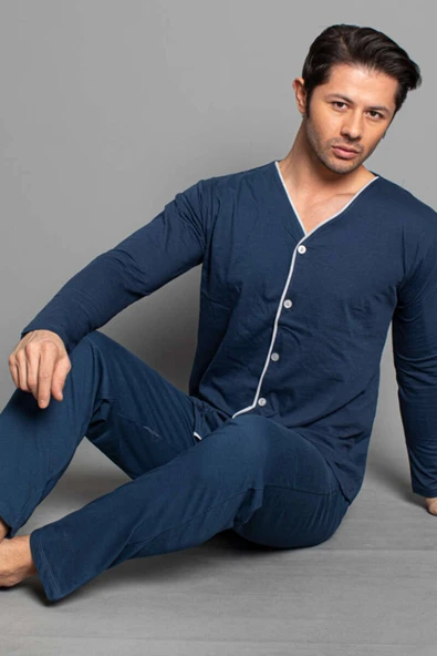 Boydan Düğmeli Uzun Kol Erkek Pijama Takım İndigo ürün görseli 1