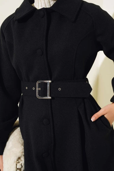 Kemerli Kısa Kaşe Kaban Siyah - Resim 4