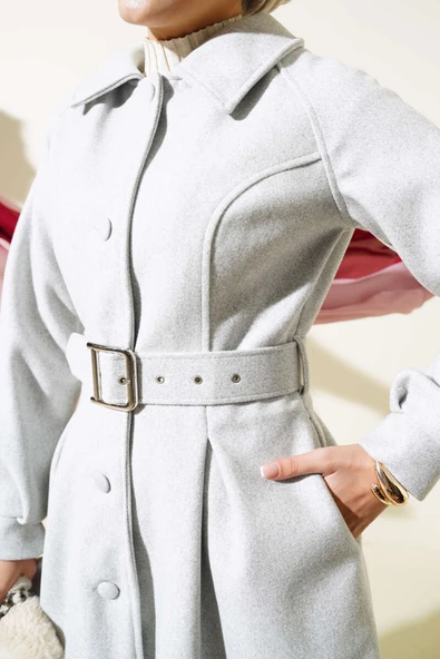 Kemerli Kısa Kaşe Kaban Gri - Resim 4