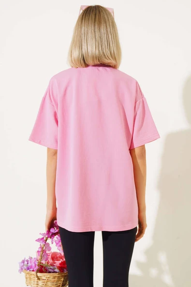 Oversize Basic T-shirt Pembe - Resim 3