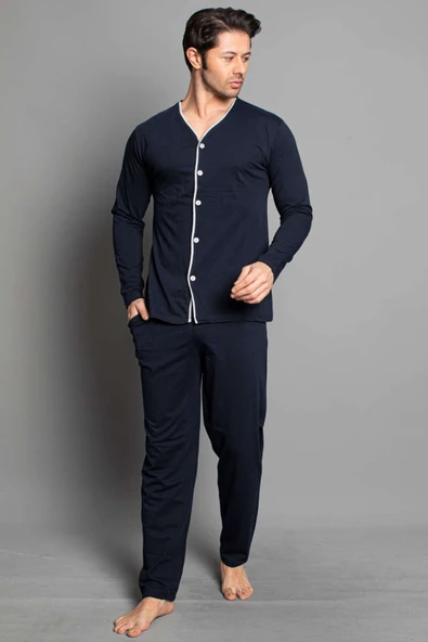 Boydan Düğmeli Uzun Kol Erkek Pijama Takım Lacivert Bordo - Resim 2