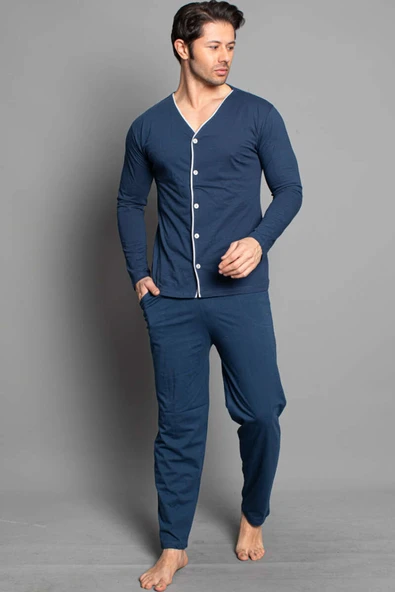 Boydan Düğmeli Uzun Kol Erkek Pijama Takım İndigo - Resim 2