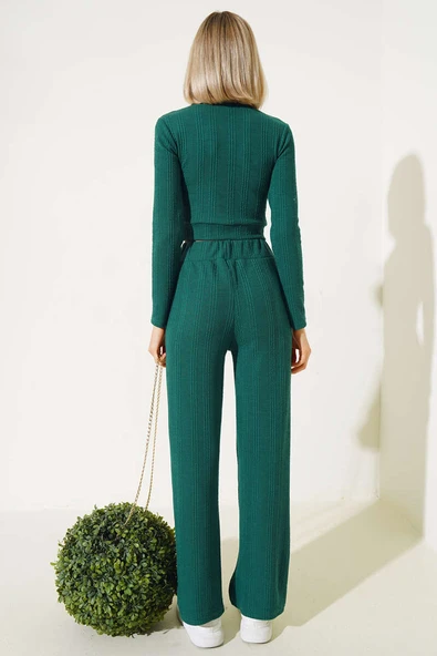 Armalı Büzgülü Crop İkili Takım Zümrüt - Resim 3