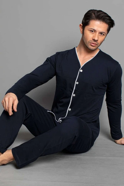 Boydan Düğmeli Uzun Kol Erkek Pijama Takım Lacivert Bordo ürün görseli 1