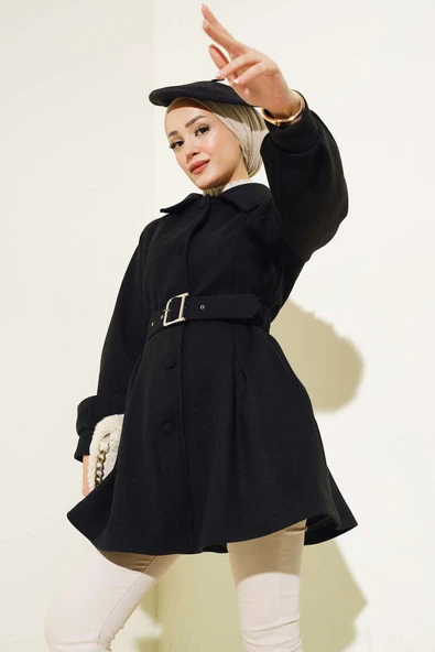 Kemerli Kısa Kaşe Kaban Siyah - Resim 2