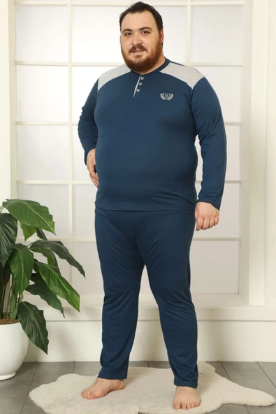 Düğmeli Uzun Kol Büyük Beden Erkek Pijama Takım İndigo