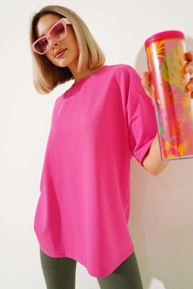 Oversize Basic T-shirt Fuşya - 1