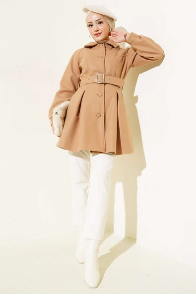 Kemerli Kısa Kaşe Kaban Latte - 2