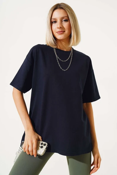 Oversize Basic T-shirt Lacivert - Resim 2