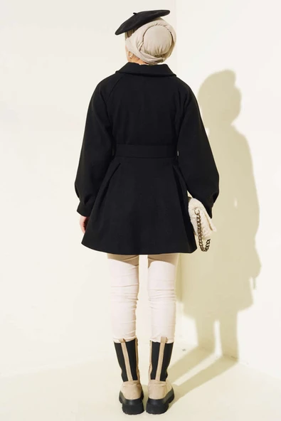 Kemerli Kısa Kaşe Kaban Siyah - Resim 3