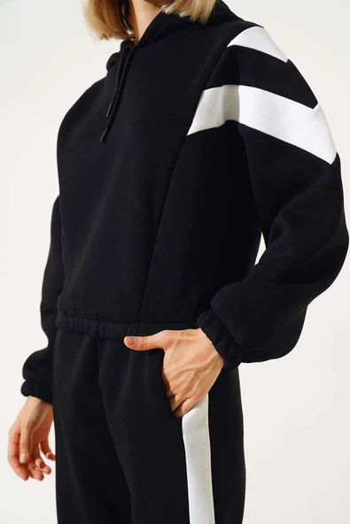 Garnili Üç İplik Sweatshirt Takım Siyah - Resim 4