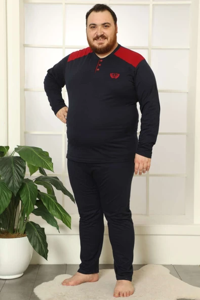 Düğmeli Uzun Kol Büyük Beden Erkek Pijama Takım Lacivert Yeşil ürün görseli 1