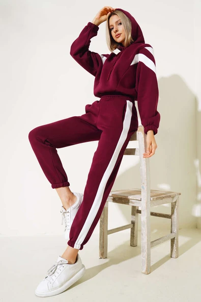Garnili Üç İplik Sweatshirt Takım Bordo